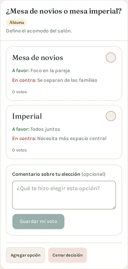 Decisión abierta de ejemplo: mesa de novios o imperial, con pros y contras y la opción de guardar un voto